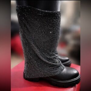Azalea Wang Bloomfield Black Rhinestone Mesh Chunky Combat Boots Size 10